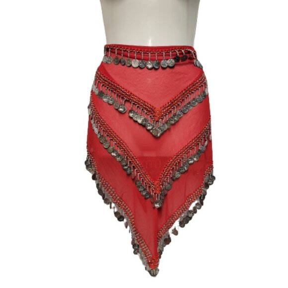 Red Hip Scarf 4 Rows Coin Tassels Long and Wide Wrap Scarf Belly Dance Skirt NEW - Picture 3 of 5